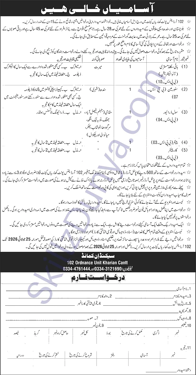 102 Ordnance Unit Kharian Cantt Jobs 2026 — Storeman, Driver — Official Newspaper Advertisement | SkillzDunya