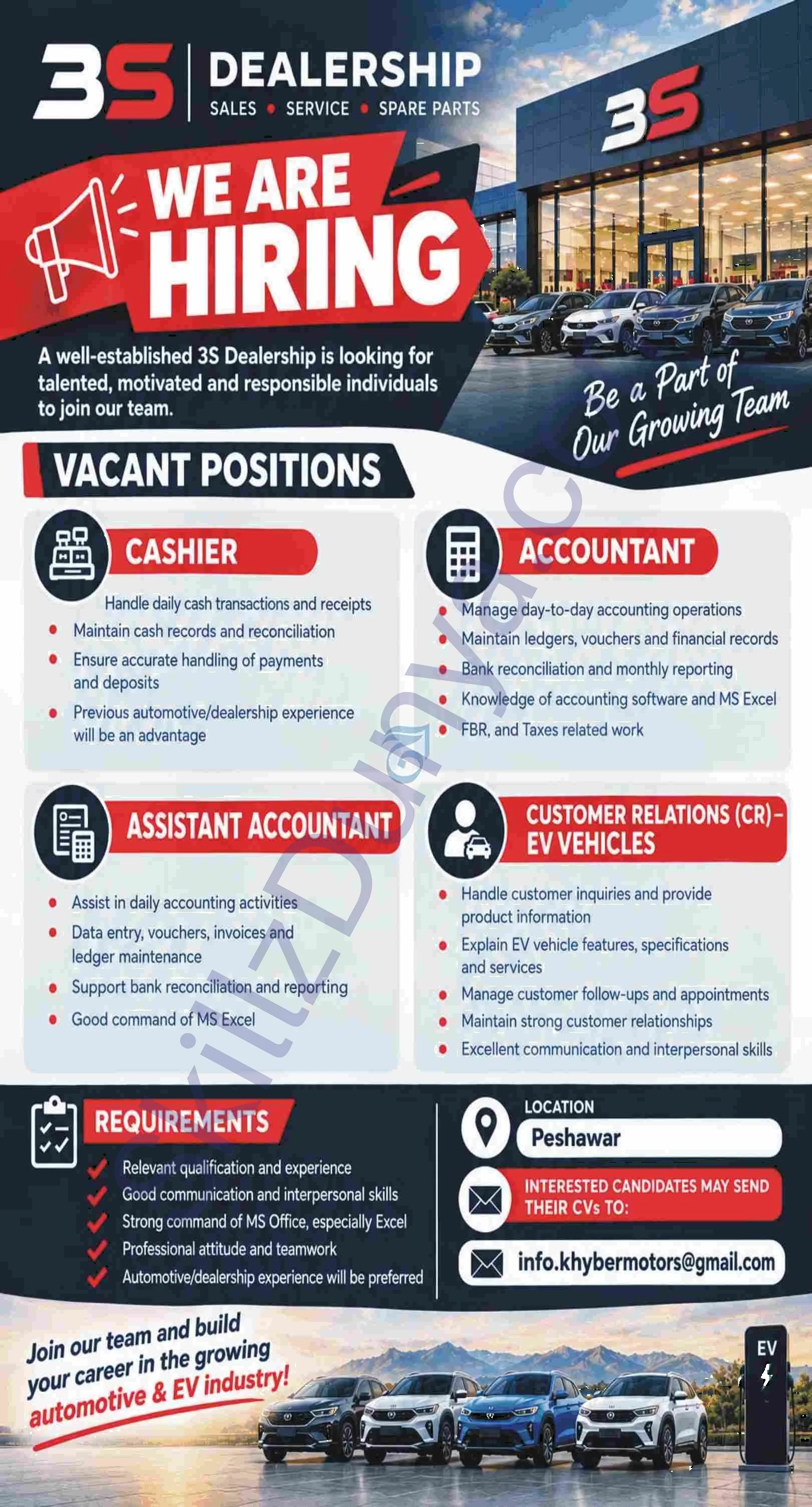 3 S Dealership Peshawar — 3 S Dealership Peshawar Jobs 2026 — Cashier, Accountant & 2 More Posts Pakistan