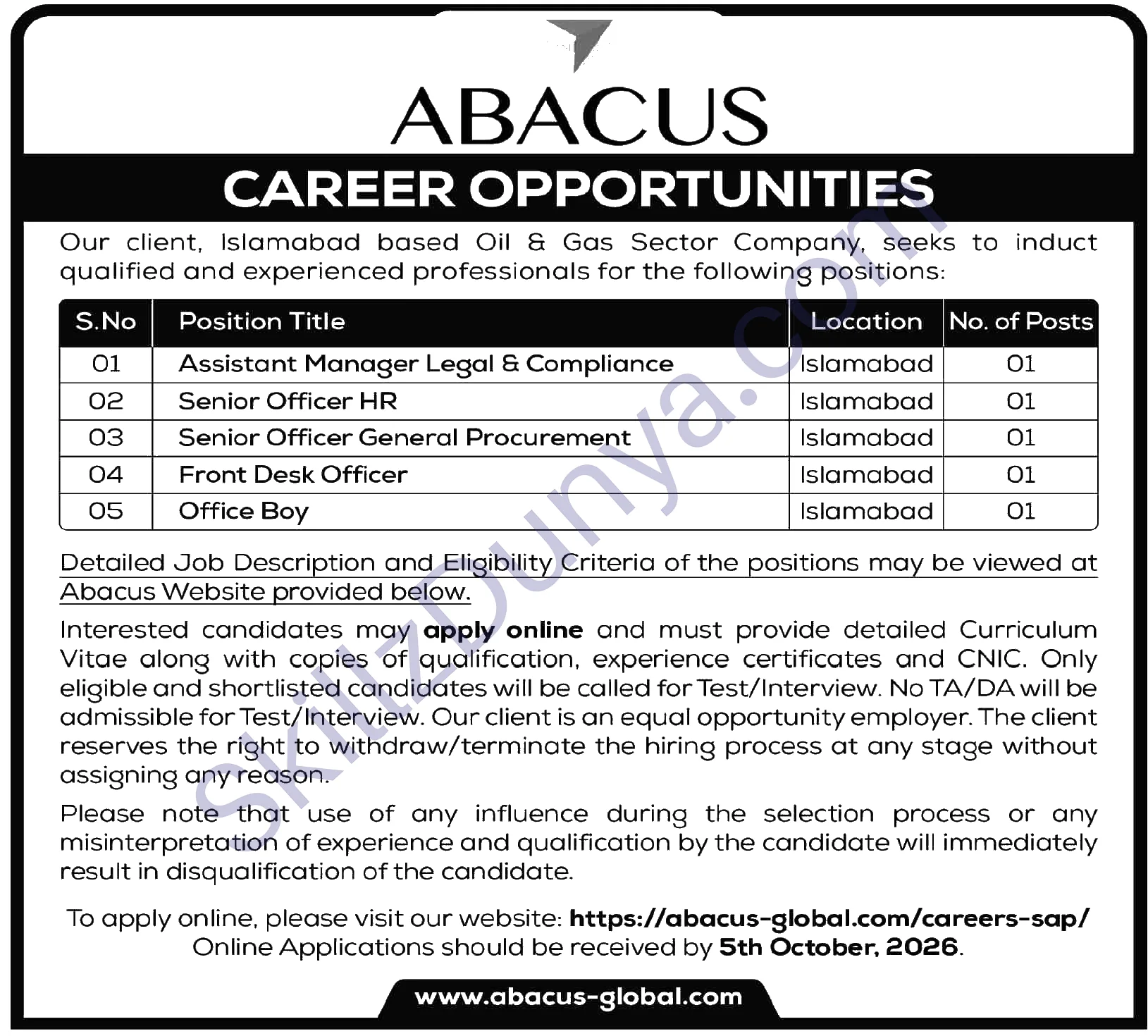 ABACUS Islamabad Jobs 2026 — Assistant Manager Legal & Compliance, Senior Officer HR & 3 More Posts — Official Newspaper Advertisement | SkillzDunya