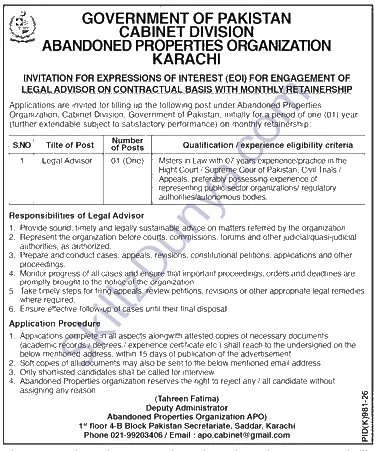 Abandoned Properties Organization Karachi Cabinet Division — Abandoned Properties Organization Karachi Jobs 2026 — Legal Advisor Pakistan