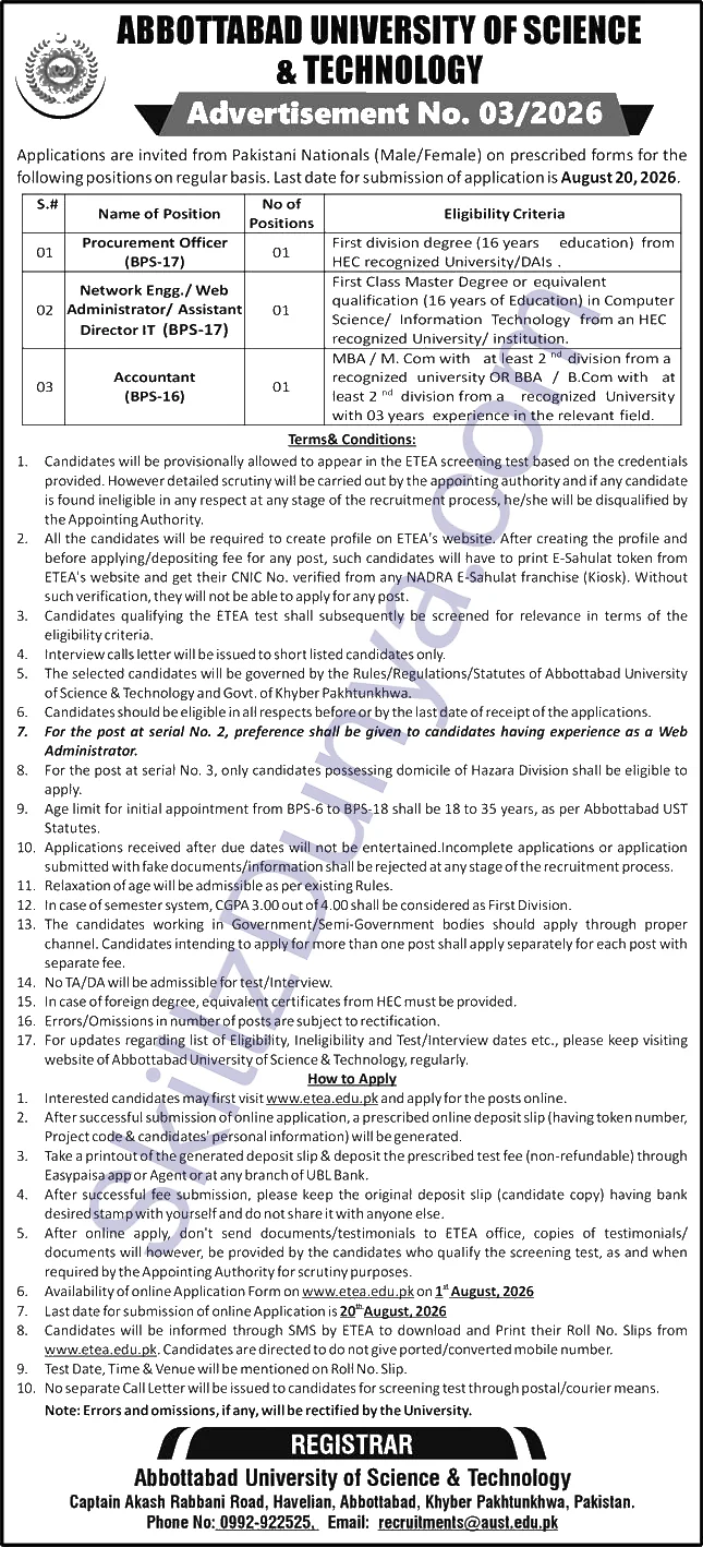 Abbottabad University of Science & Technology AUST Jobs 2026 — Procurement Officer, Accountant — Official Newspaper Advertisement | SkillzDunya