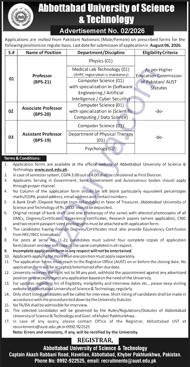 Abbottabad University Of Science Technology Aust — Abbottabad University of Science & Technology AUST Jobs 2026 — Teaching Faculty Pakistan