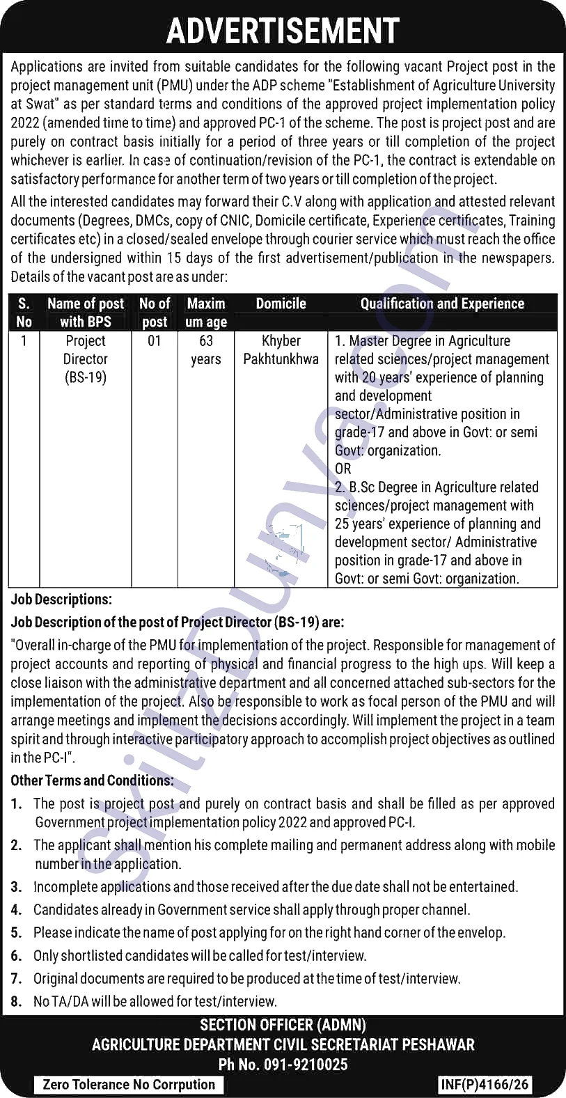Agriculture Department Swat Jobs 2026 — Project Director (BS-19) — Official Newspaper Advertisement | SkillzDunya