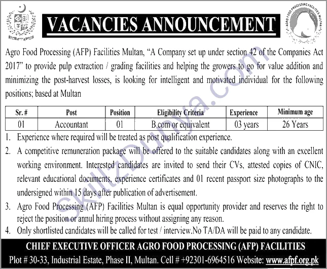Agro Food Processing Afp Facilities Multan — Agro Food Processing AFP Facilities Multan Jobs 2026 — Accountant Pakistan