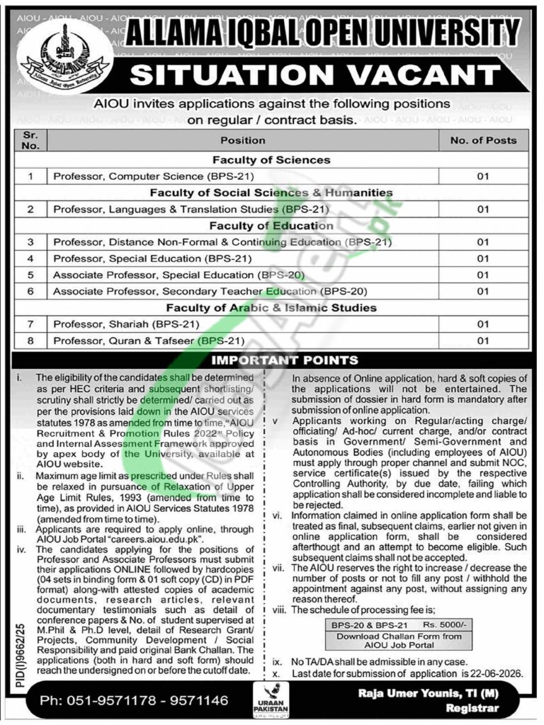 AIOU — AIOU Professor & Associate Professor Jobs 2026 Pakistan