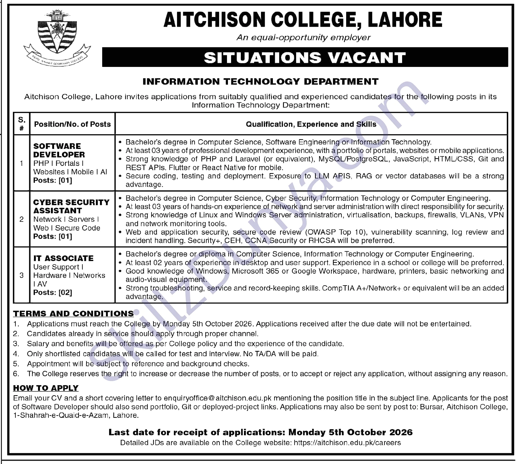 Aitchison College Lahore — Aitchison College Lahore Jobs 2026 — IT Associate, Software Developer, Cyber Security Assistant Pakistan