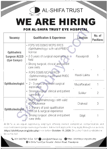 Al-Shifa Trust Eye Hospital Rawalpindi Jobs 2026 — Ophthalmic Surgeon ACCO (Eye Camps), Ophthalmologist — Official Newspaper Advertisement | SkillzDunya