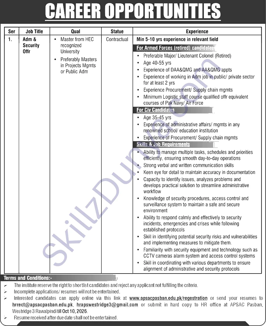 Apsac Pasban Westridge 3 Rawalpindi — APSAC Pasban Westridge 3 Rawalpindi Jobs 2026 — Adm & Security Offr Pakistan