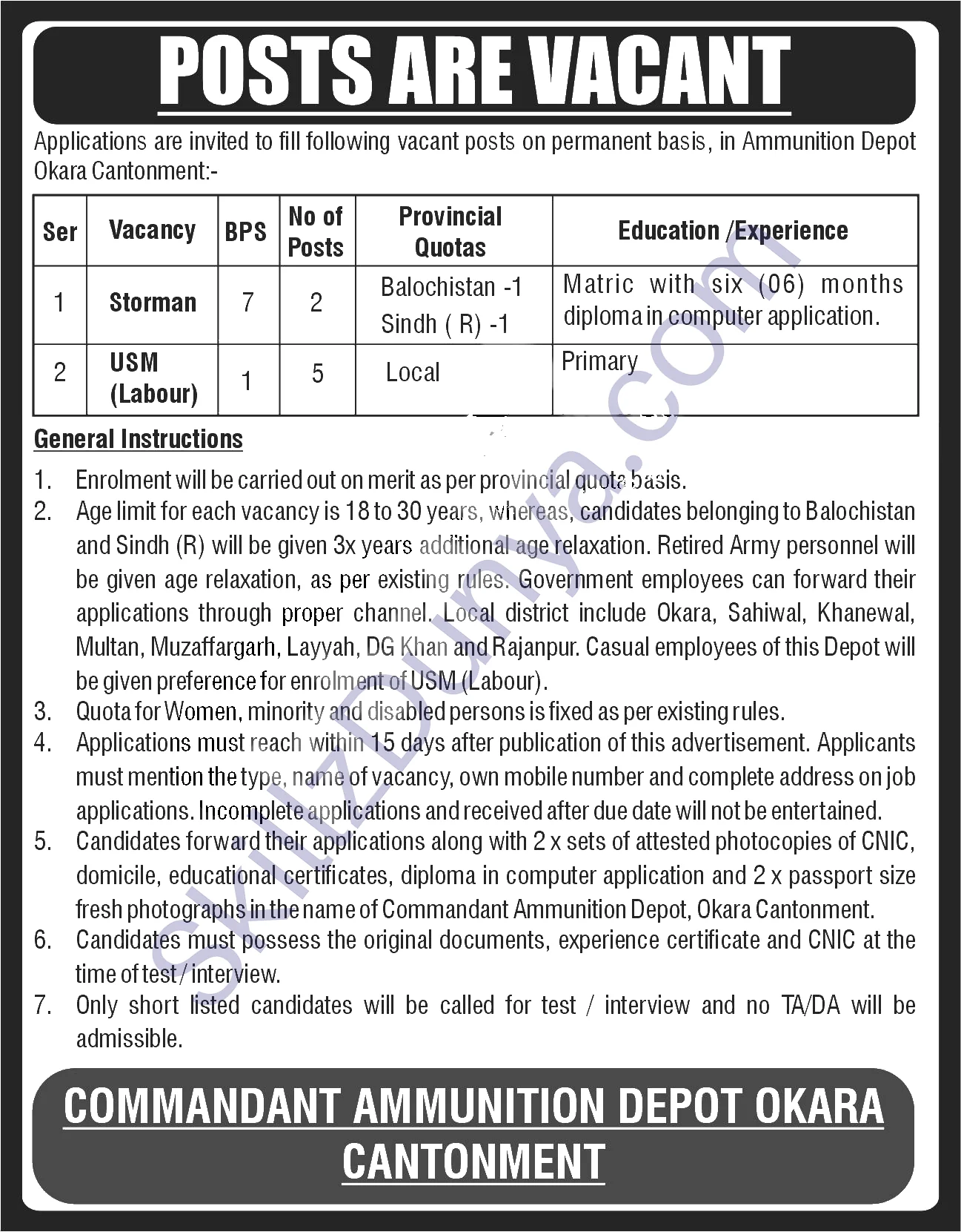 Pakistan Army Okara Jobs 2026 — USM (Labour), Storman — Official Newspaper Advertisement | SkillzDunya