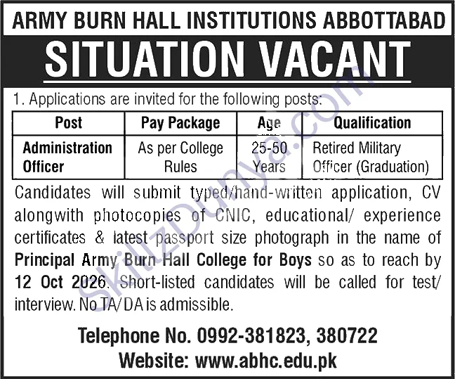 Army Burn Hall College Abbottabad — Army Burn Hall College Abbottabad Jobs 2026 — Administration Officer Pakistan