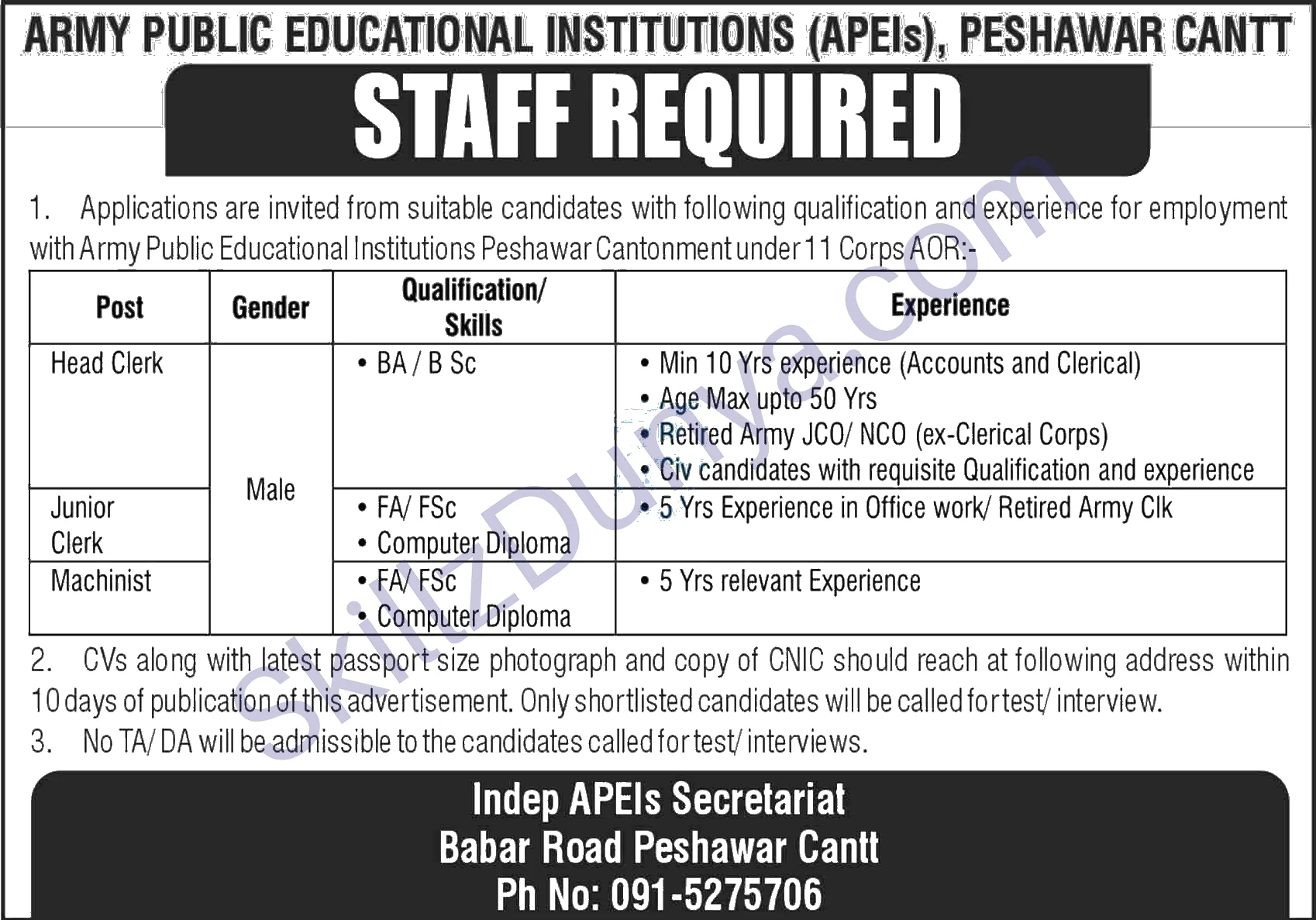 Army Public Educational Institutions Ape Is Peshawar Cantt — Army Public Educational Institutions (APE Is) Peshawar Jobs 2026 — Head Clerk, Junior Clerk, Machinist Pakistan