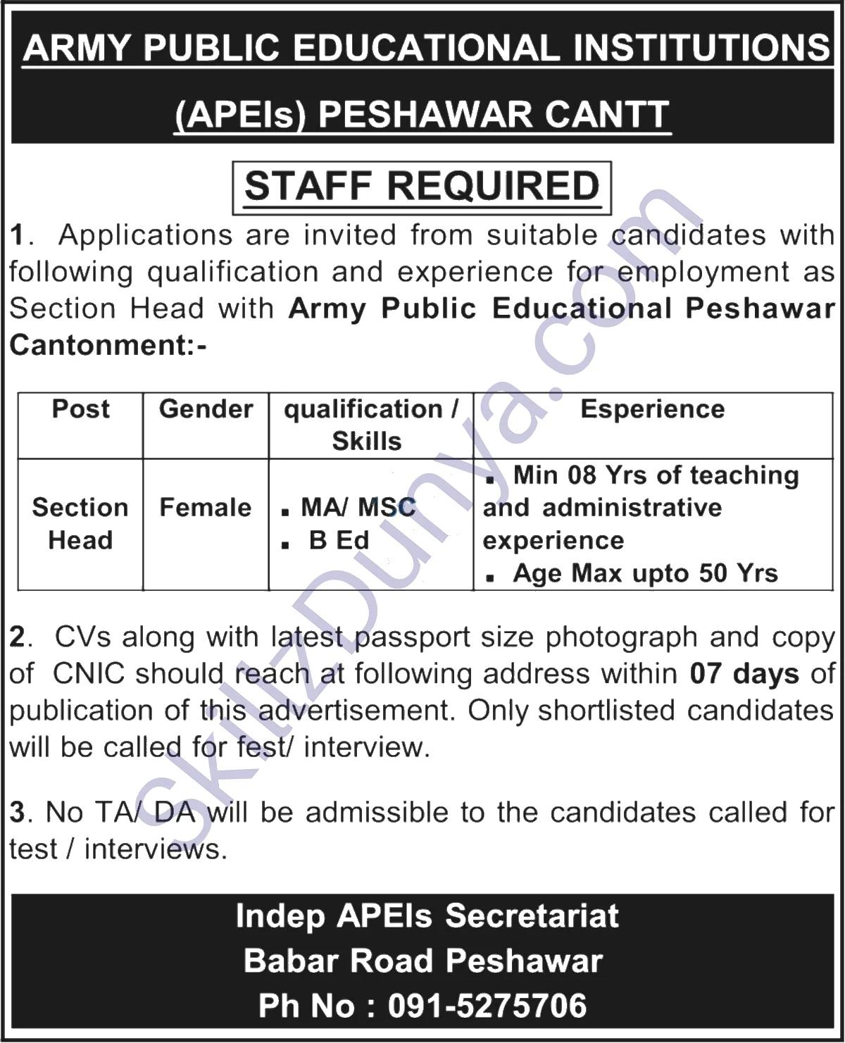 Army Public Educational Institutions Ape Is Peshawar Cantt — Army Public Educational Institutions (APE Is) Peshawar Jobs 2026 — Section Head Pakistan