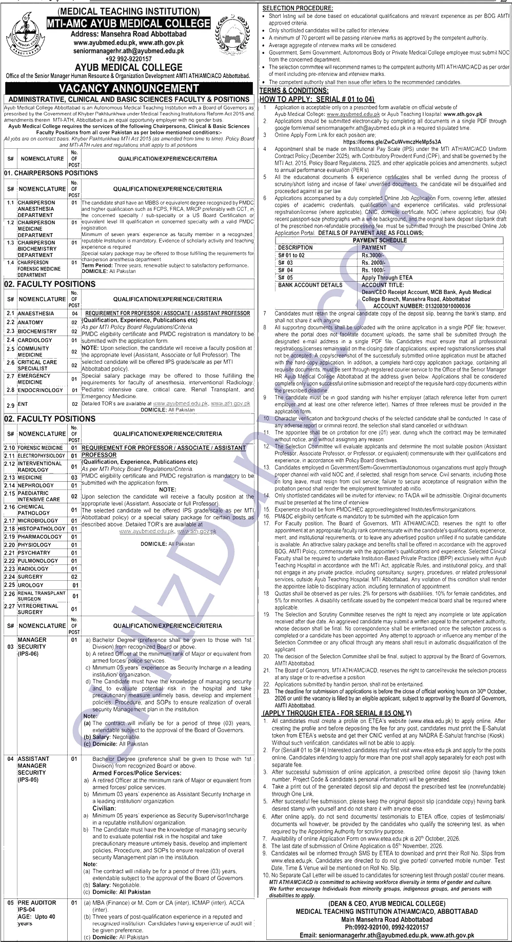Ayub Medical College Abbottabad — Ayub Medical College Abbottabad Jobs 2026 — Faculty - Anaesthesia, Faculty - Medicine & 32 More Posts Pakistan