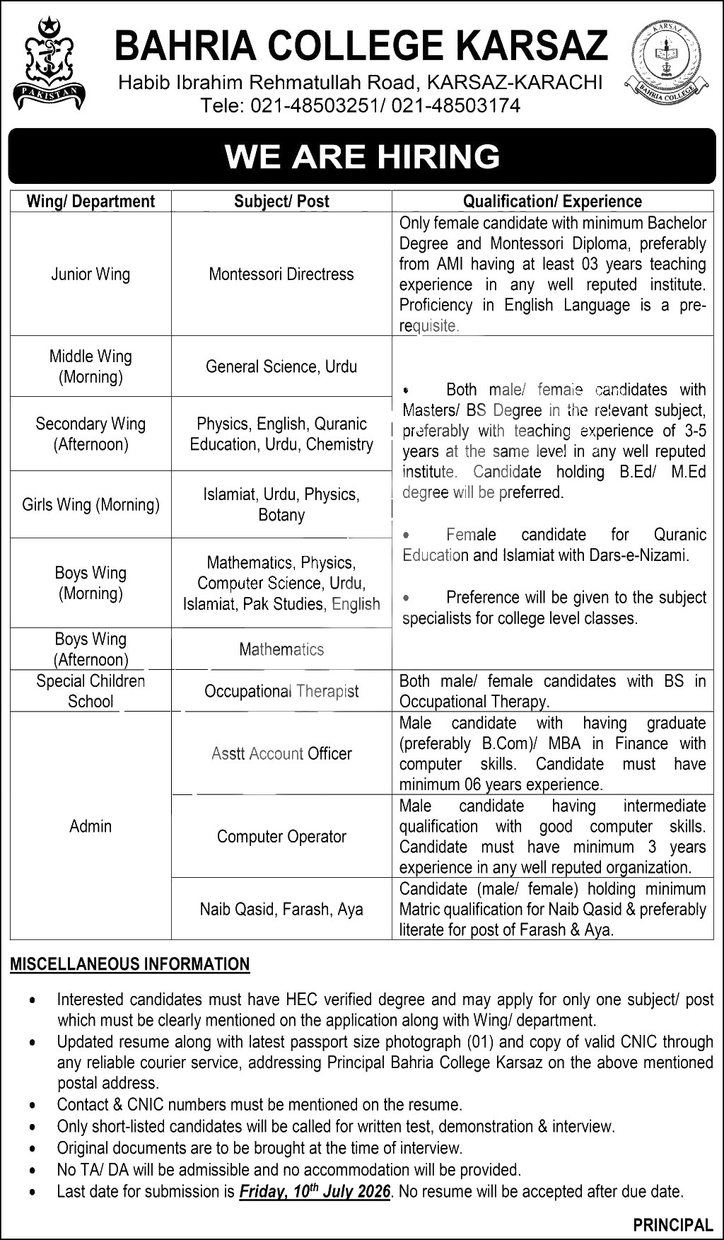 Bahria College Karsaz Jobs 2026 — Montessori Directress, General Science, Urdu, Islamiat, Urdu, Physics, Botany 2026 — Official Newspaper Advertisement | SkillzDunya