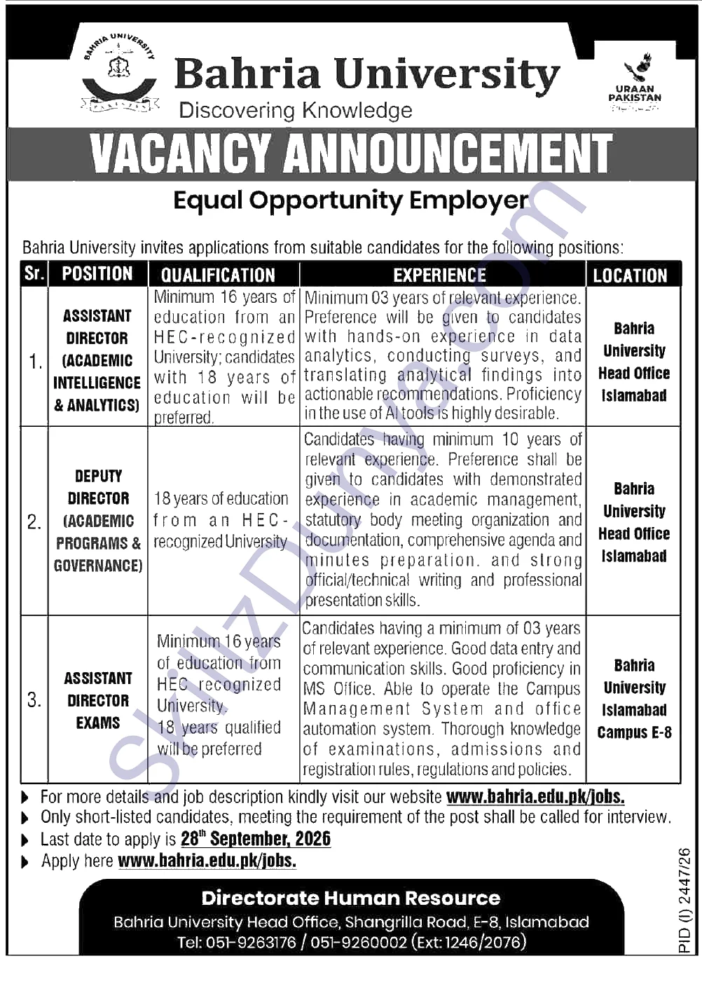 Bahria University Head Office Islamabad — Bahria University Head Office Islamabad Jobs 2026 — Assistant Director Exams Pakistan