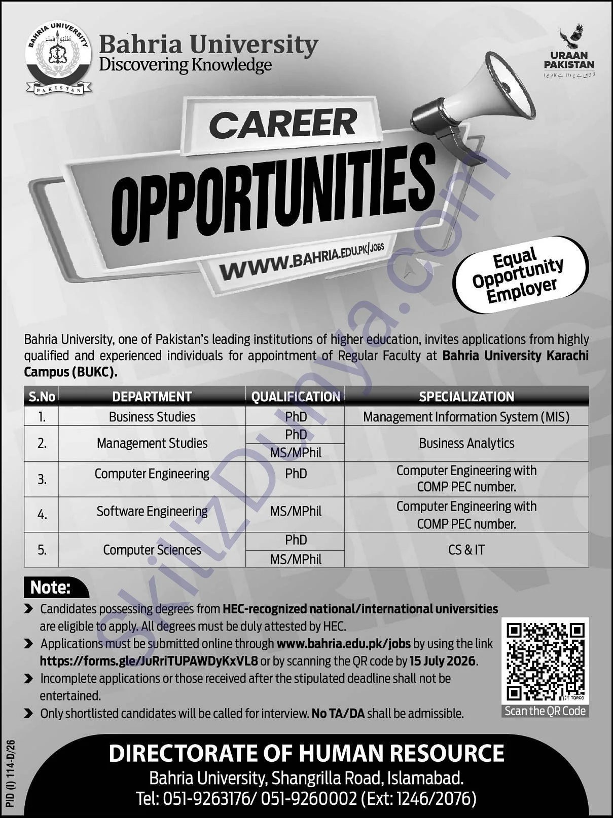 Bahria University Karachi Campus — Bahria University Karachi Jobs 2026 — Management Studies, Business Studies & 3 More Posts Pakistan