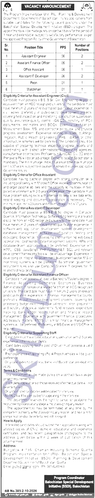 Balochistan Special Development Initiative Quetta Jobs 2026 — Assistant Engineer, Assistant Finance Officer & 4 More Posts — Official Newspaper Advertisement | SkillzDunya