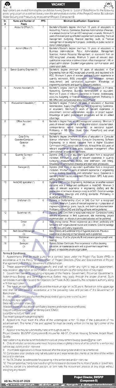 Balochistan Water Security & Productivity Improvement Project Jobs 2026 — Drivers, Supervisors, Assistants — Official Newspaper Advertisement | SkillzDunya