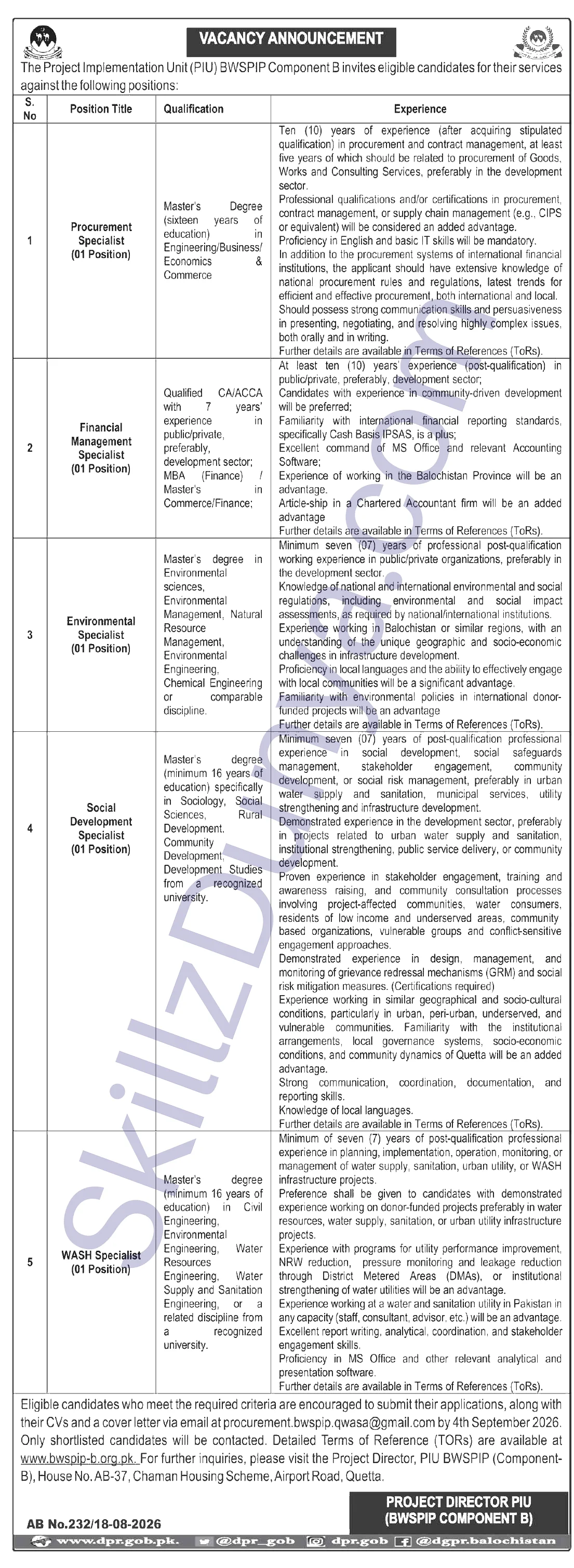 Balochistan Water Security & Productivity Improvement Project Quetta Jobs 2026 — Procurement Specialist, Financial Management Specialist & 3 More Posts — Official Newspaper Advertisement | SkillzDunya