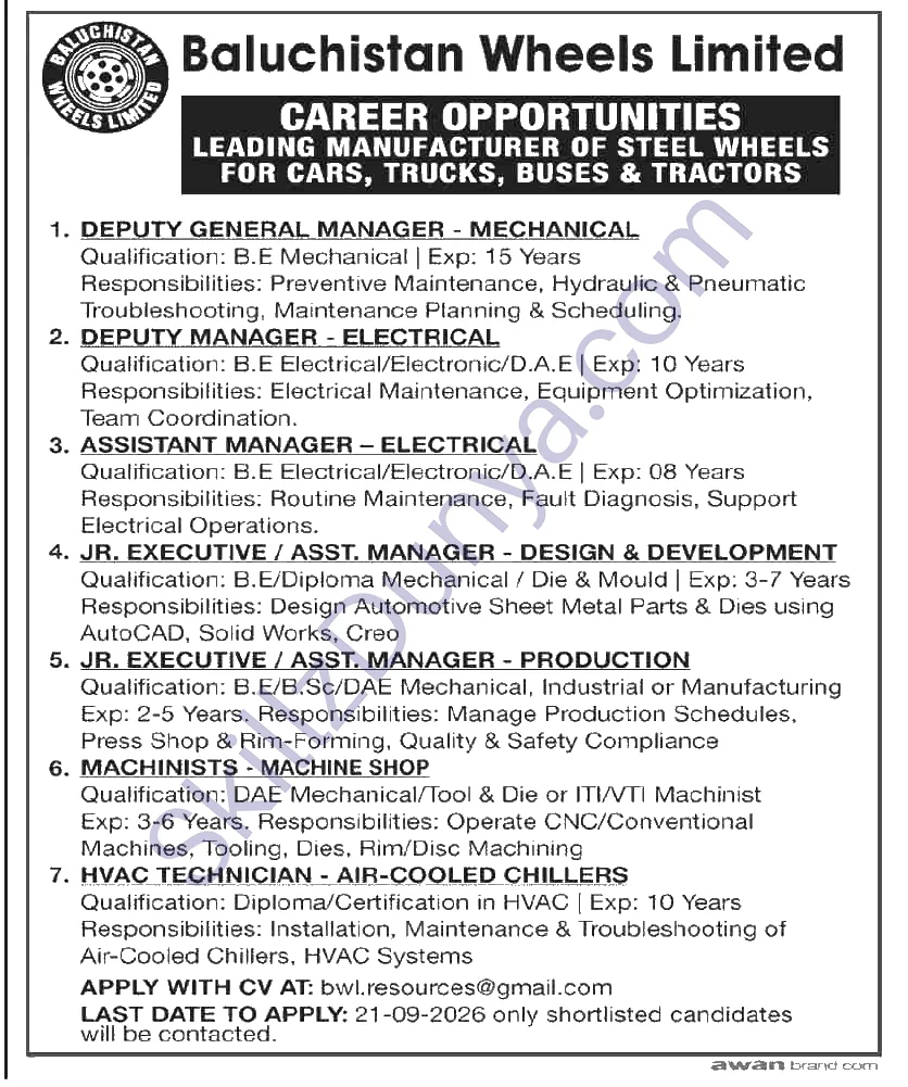 Baluchistan Wheels Limited Jobs 2026 — Junior Executives, Assistant Managers — Official Newspaper Advertisement | SkillzDunya