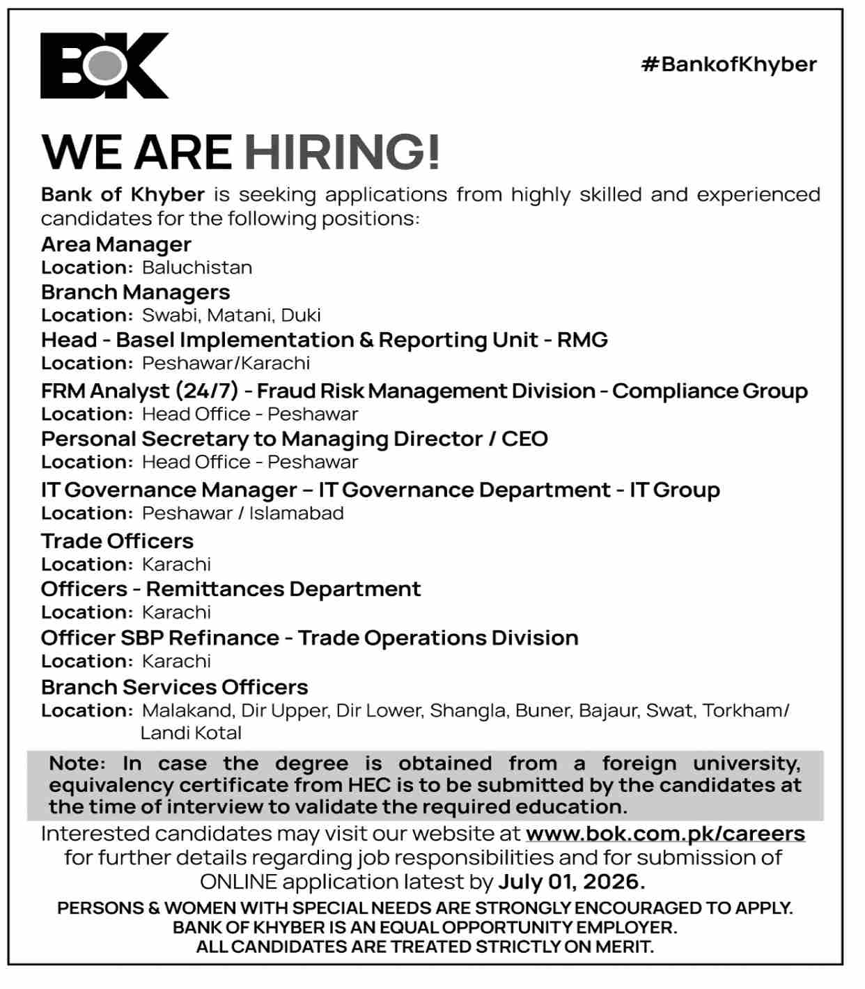 Bank of Jobs 2026 — Area Manager, Branch Managers, Trade Officers 2026 — Official Newspaper Advertisement | SkillzDunya