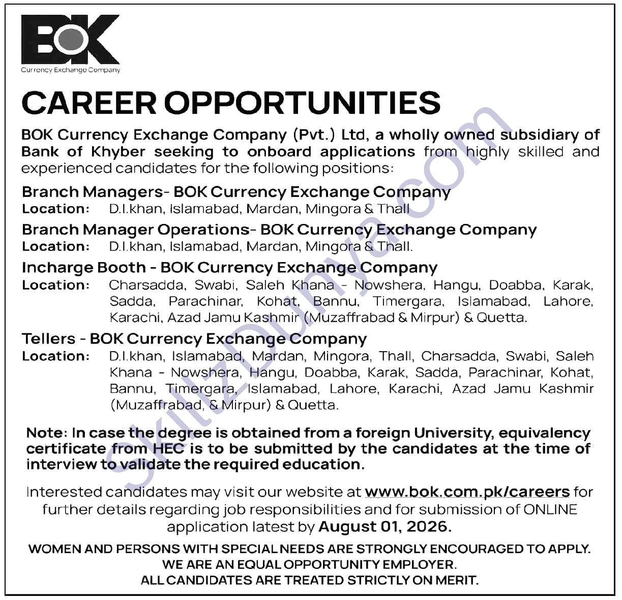 Bank of Khyber Jobs 2026 — Tellers, Incharge Booth, Branch Managers — Official Newspaper Advertisement | SkillzDunya