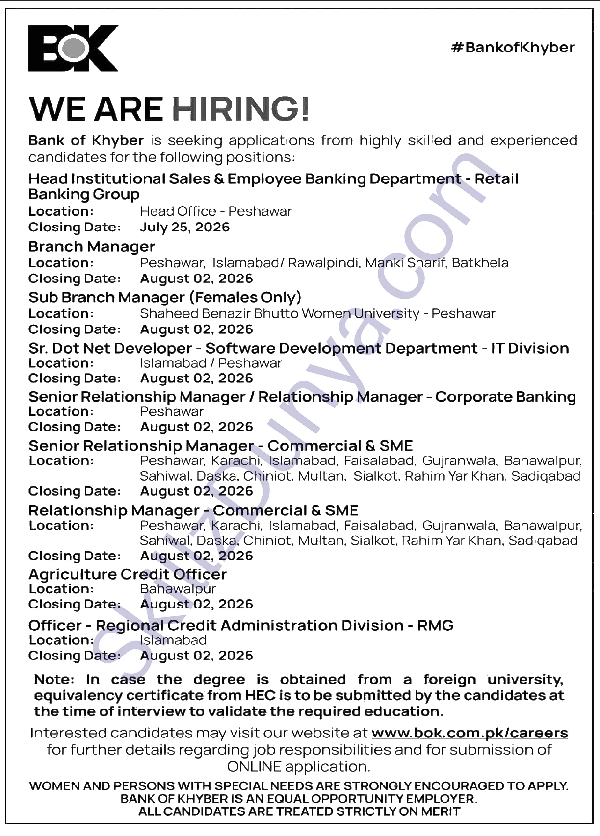 Bank Of Khyber — Bank of Khyber Jobs 2026 — Relationship Manager (Commercial & SME), Branch Manager & 2 More Posts Pakistan