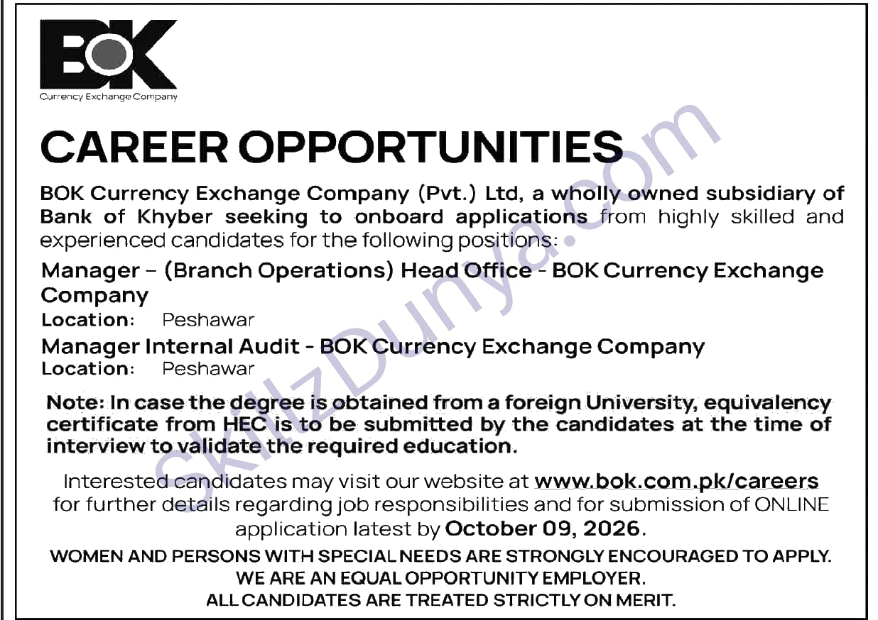 Bank of Khyber (BOK) Peshawar Jobs 2026 — Official Newspaper Advertisement | SkillzDunya