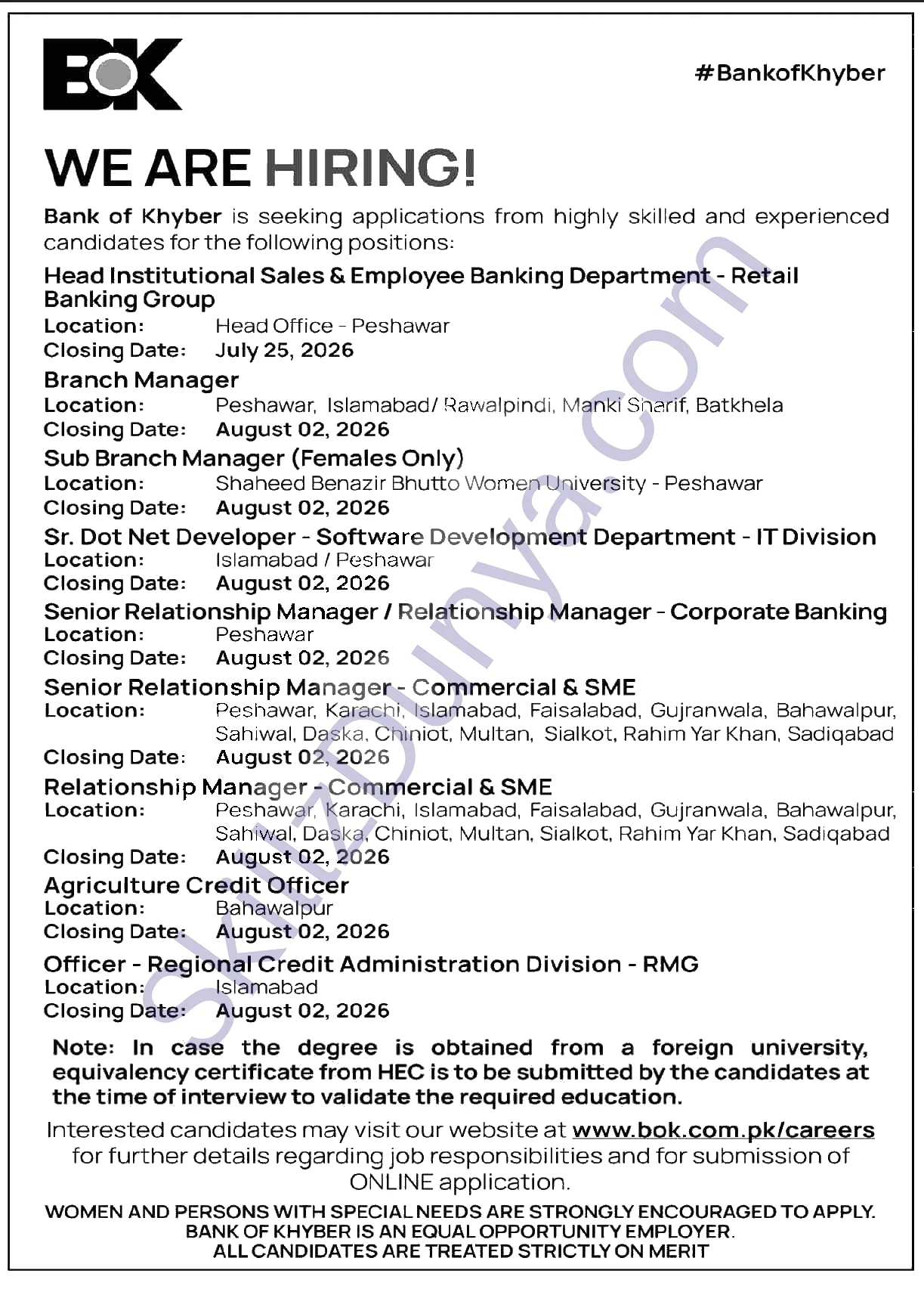 Bank Of Khyber — Bank of Khyber Islamabad Jobs 2026 — Branch Manager, Relationship Manager - Commercial & SME & 2 More Posts Pakistan