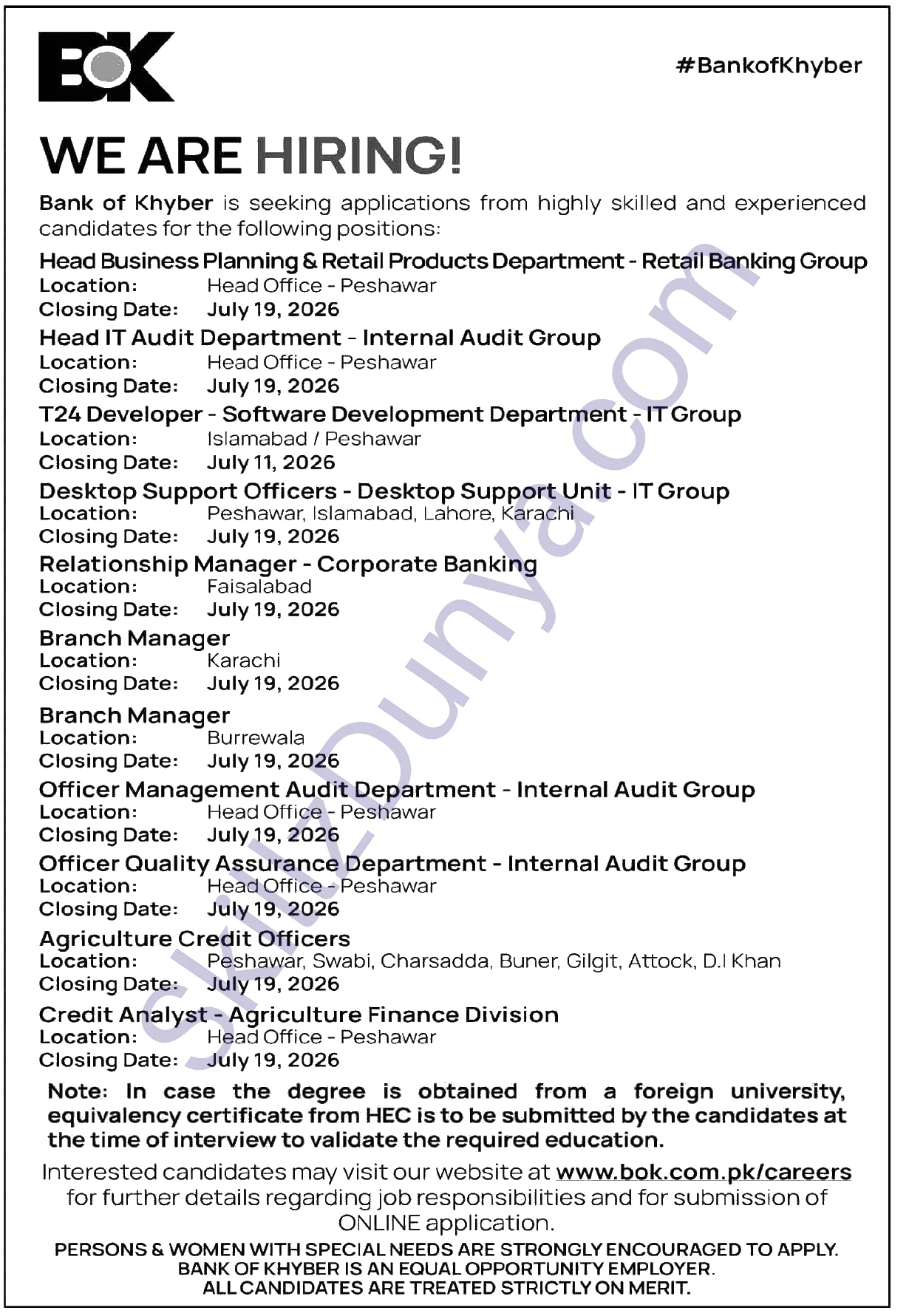 Bank Of Khyber — Bank of Khyber Jobs 2026 – Agriculture Credit Officers, Branch Manager, Relationship Manager - Corporate Banking Pakistan