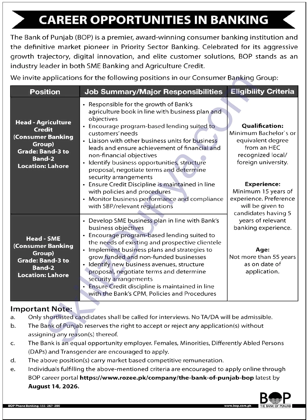 Bank of Punjab Jobs 2026 — Head Office Lahore — Official Newspaper Advertisement | SkillzDunya