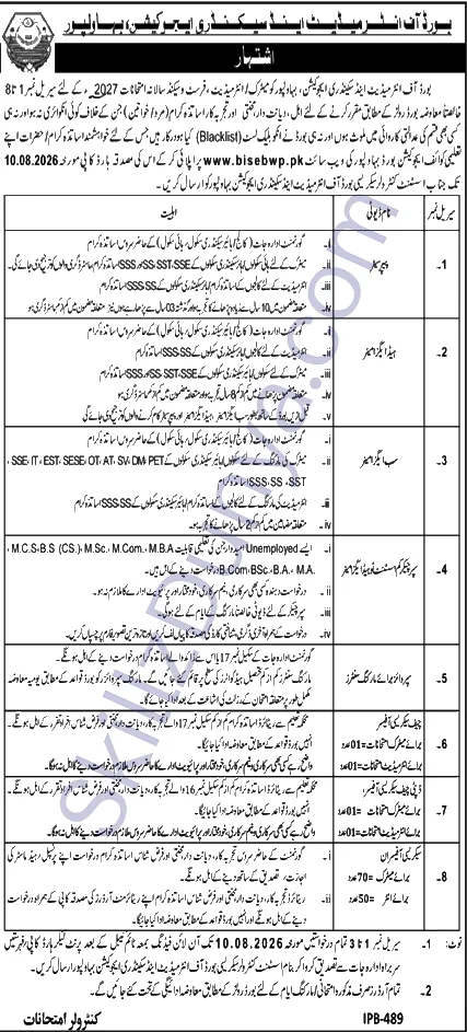 Board of Intermediate and Secondary Education Jobs 2026 — Secrecy Officers, Supervisors, BISE Bahawalpur — Official Newspaper Advertisement | SkillzDunya