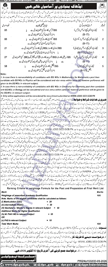 Government Of Balochistan School Education Department — School Education Department Balochistan Jobs 2026 — Secondary School Teachers (BPS-17), 117 Posts Pakistan