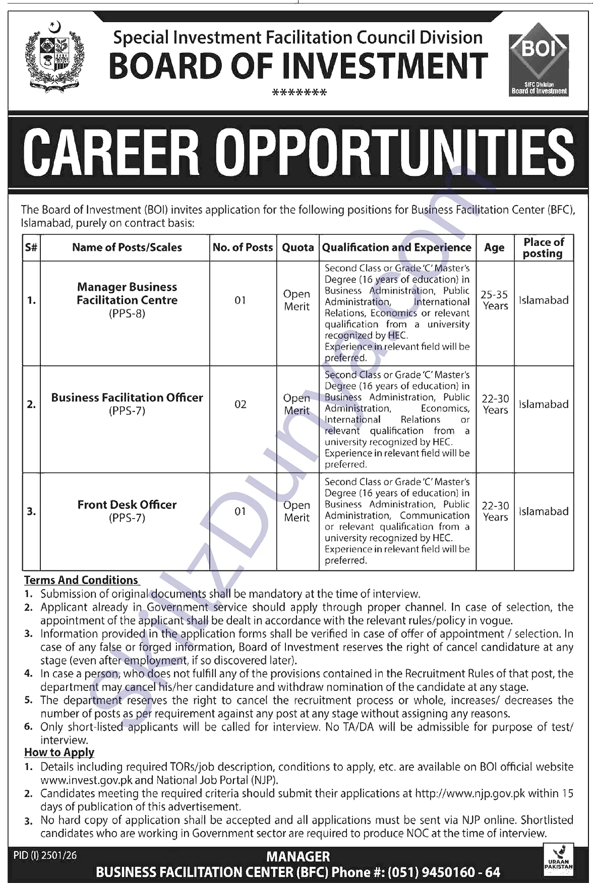 Board Of Investment Boi Islamabad — Board of Investment BOI Islamabad Jobs 2026 — Business Facilitation Officer, Manager Business Facilitation Centre, Front Desk Officer Pakistan
