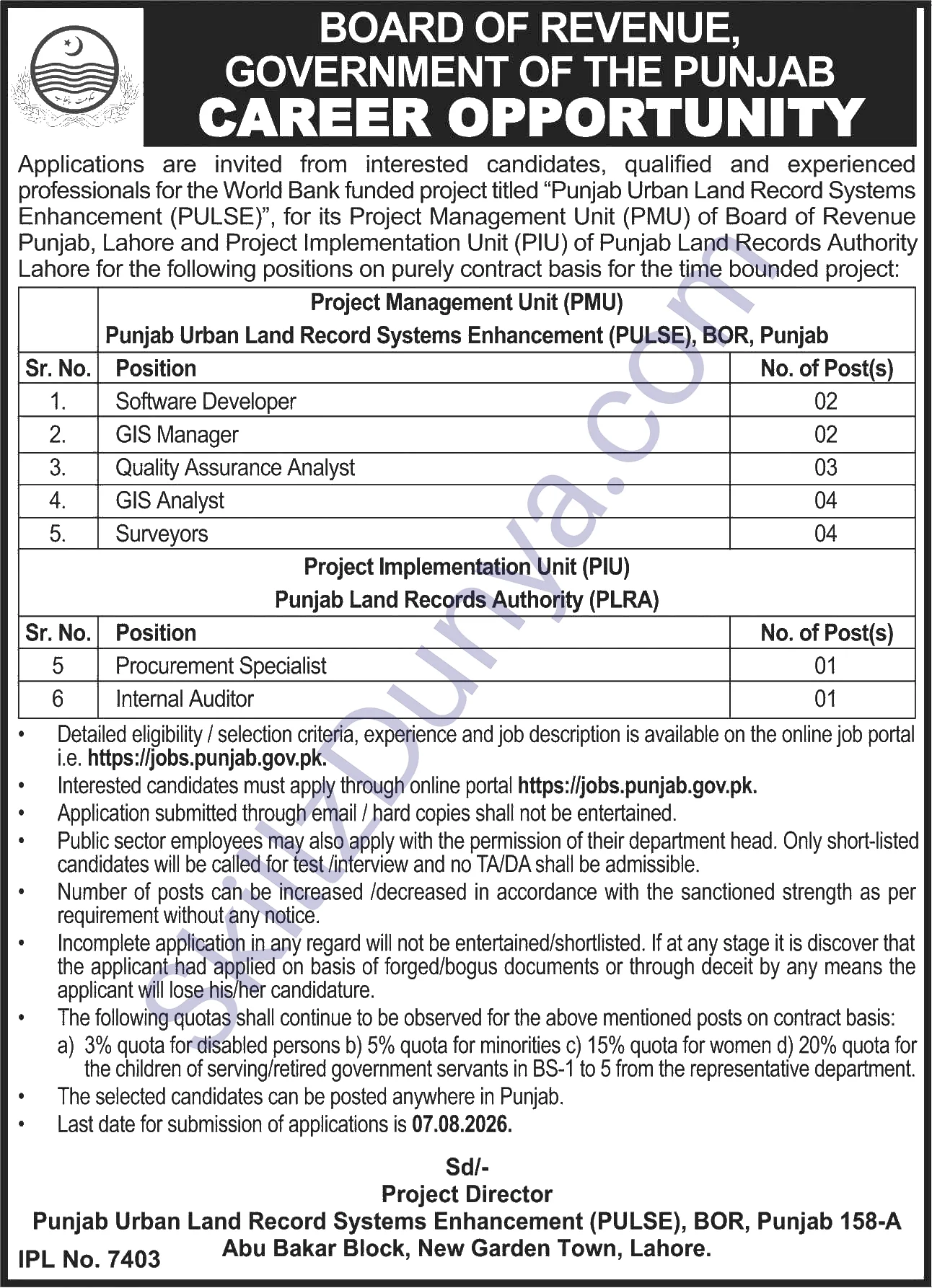 Board of Revenue (BOR) Lahore Jobs 2026 — GIS Analyst, Surveyors & 5 More Posts — Official Newspaper Advertisement | SkillzDunya