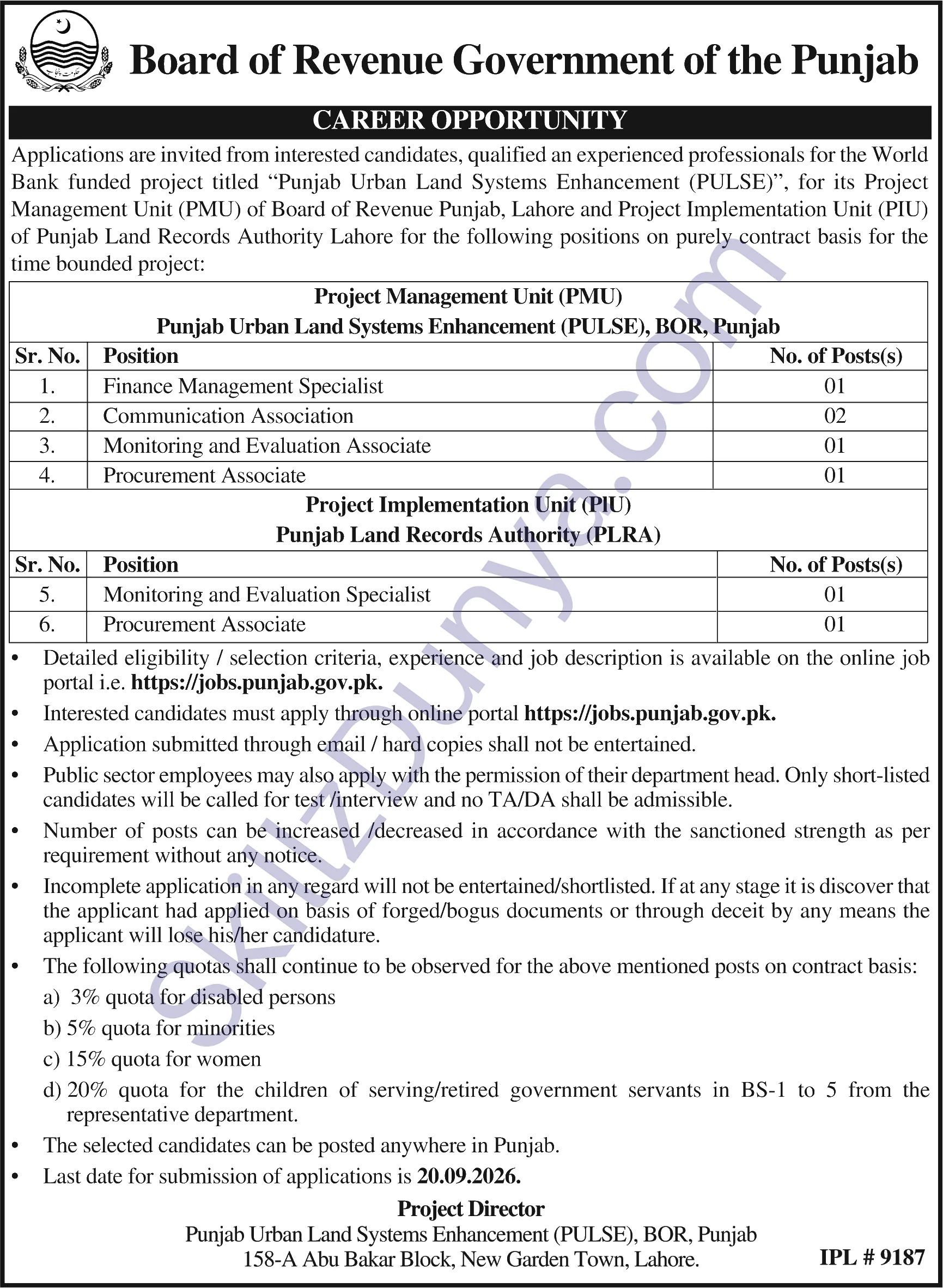 Board of Revenue (BOR) Lahore Jobs 2026 — Communication Associate, Financial Management Specialist & 3 More Posts — Official Newspaper Advertisement | SkillzDunya