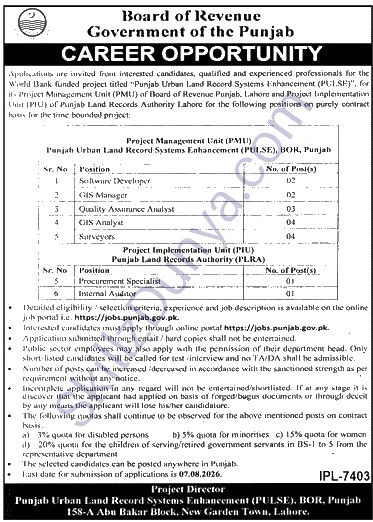 Board of Revenue (BOR) Lahore Jobs 2026 — GIS Analyst, Surveyors & 5 More Posts — Official Newspaper Advertisement | SkillzDunya