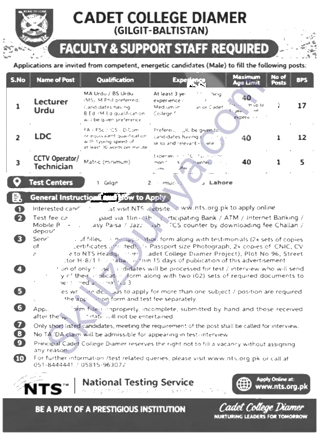 Cadet College Diamer — Cadet College Diamer Jobs 2026 — Lecturer Urdu, LDC, CCTV Operator / Technician Pakistan