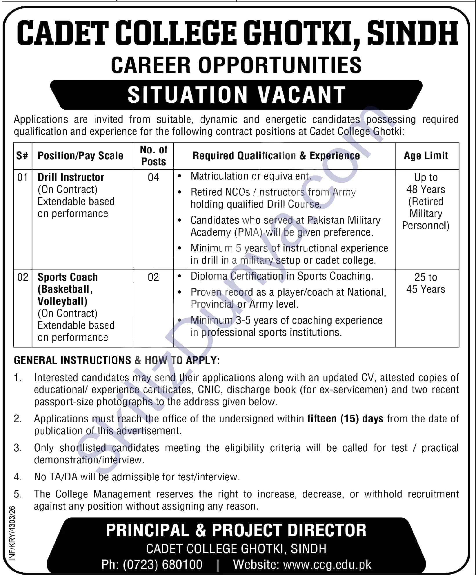 Cadet College Ghotki Jobs 2026 — Drill Instructor, Sports Coach (Basketball, Volleyball) — Official Newspaper Advertisement | SkillzDunya
