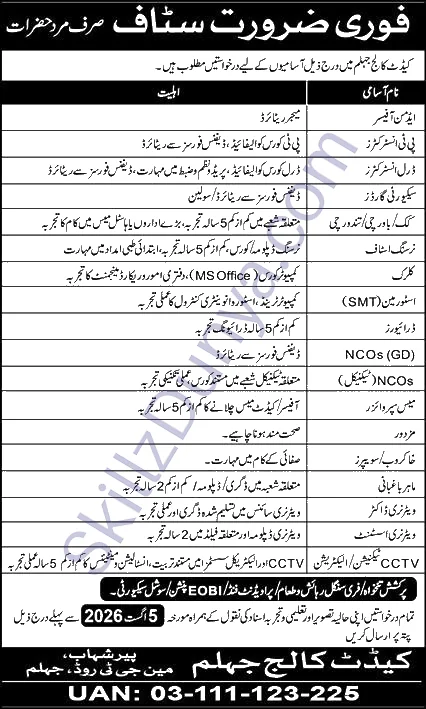 Cadet College Jobs 2026 — Drill Instructors, Security Guards, Drivers — Official Newspaper Advertisement | SkillzDunya