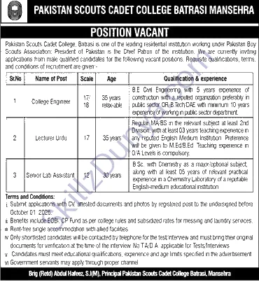 Pakistan Scouts Cadet College Batrasi Mansehra Jobs 2026 — College Engineer, Lecturer Urdu, Senior Lab Assistant — Official Newspaper Advertisement | SkillzDunya