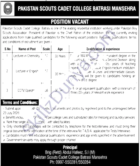 Cadet College Mansehra Jobs 2026 — Lecturer Chemistry, Lecturer English, CCTV Operator — Official Newspaper Advertisement | SkillzDunya