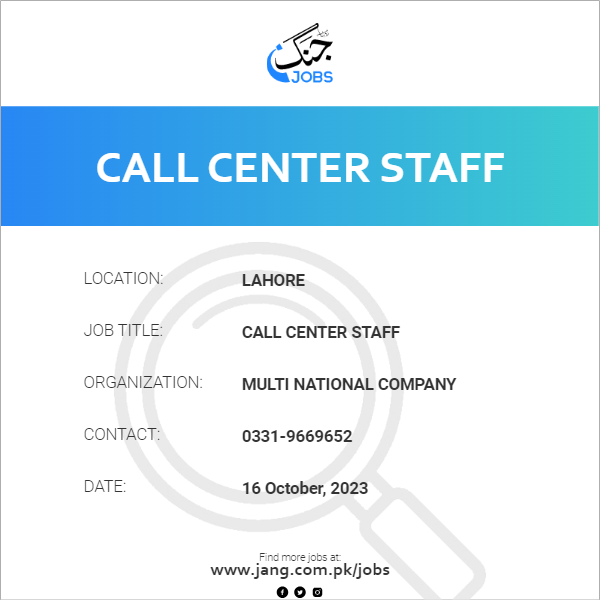 Multi National Company — Call Center Lahore Jobs 2026 — Call Center Pakistan 2026