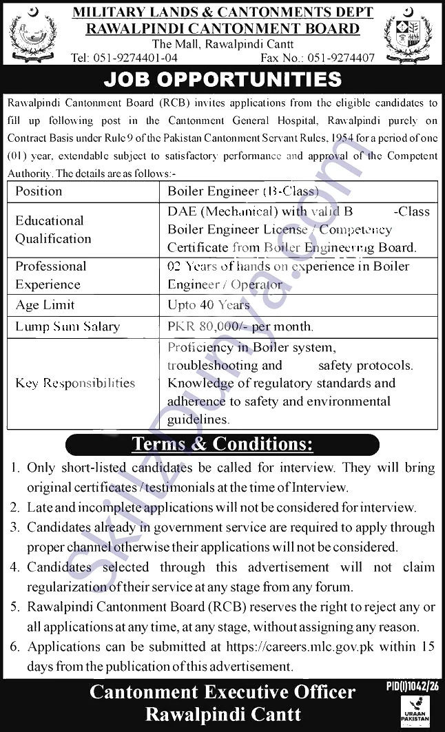 Cantonment Board (CB) Rawalpindi Jobs 2026 — Boiler Engineer (B-Class) — Official Newspaper Advertisement | SkillzDunya