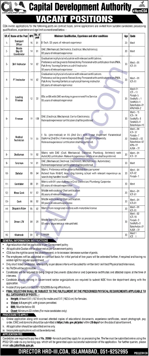 Capital Development Authority (CDA) Islamabad Jobs 2026 — Fireman, Medical Technician & 14 More Posts — Official Newspaper Advertisement | SkillzDunya