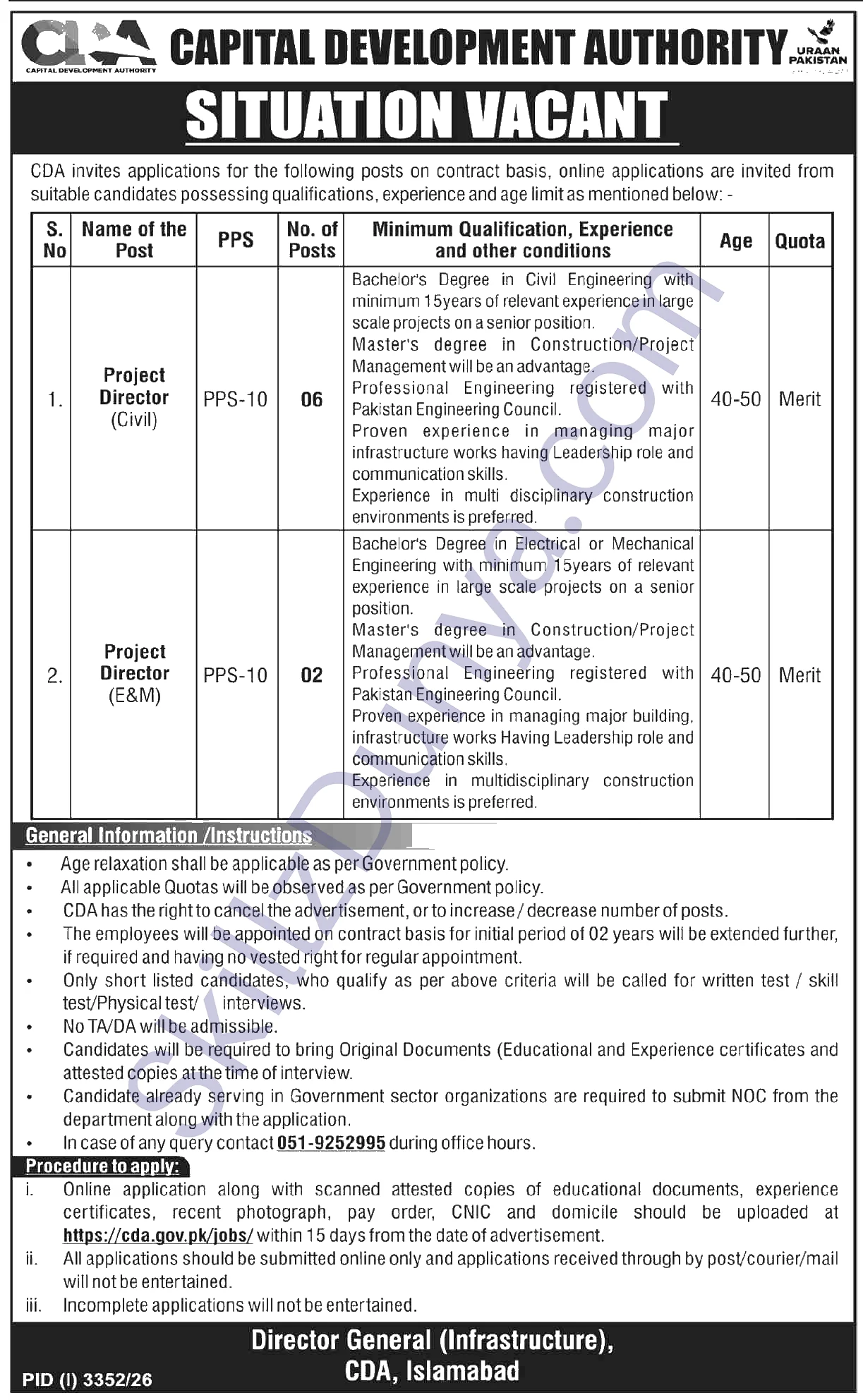 Capital Development Authority (CDA) Islamabad Jobs 2026 — Project Director (Civil), Project Director (E&M) — Official Newspaper Advertisement | SkillzDunya