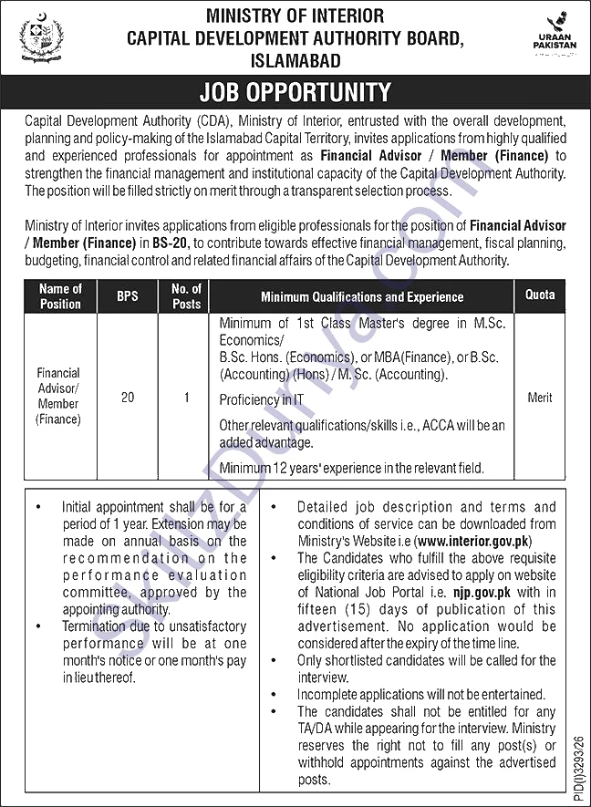Capital Development Authority (CDA) Islamabad Jobs 2026 — Financial Advisor / Member (Finance) — Official Newspaper Advertisement | SkillzDunya