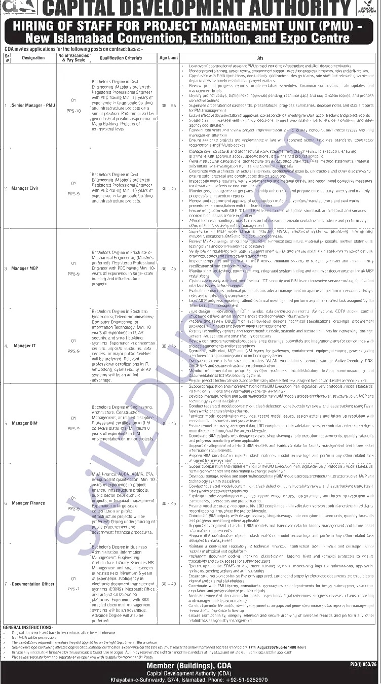 Capital Development Authority (CDA) Jobs 2026 — Islamabad Convention, Exhibition, Expo Centre — Official Newspaper Advertisement | SkillzDunya