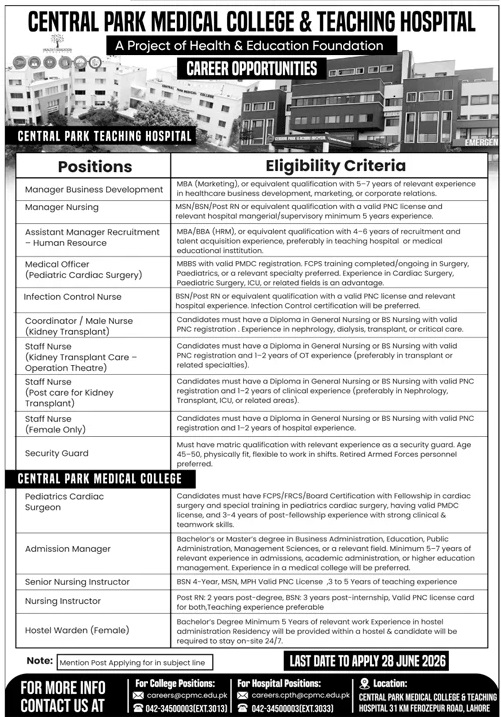 Central Park Medical College & Jobs 2026 2026 — Official Newspaper Advertisement | SkillzDunya