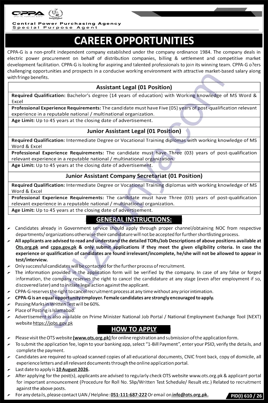 Central Power Purchasing Agency — Central Power Purchasing Agency Islamabad Jobs 2026 — Assistant Legal (01 Position), Junior Assistant Legal (01 Position) Pakistan